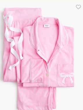 J.crew M Medium Bubblegum Pink Bow  Long-sleeve Embroidered Knit Pajama Set